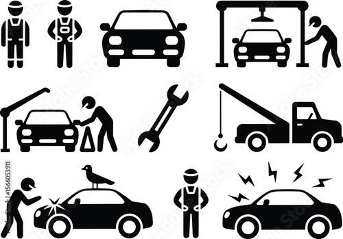 Collection of black and white icons illustrating car repair and maintenance services