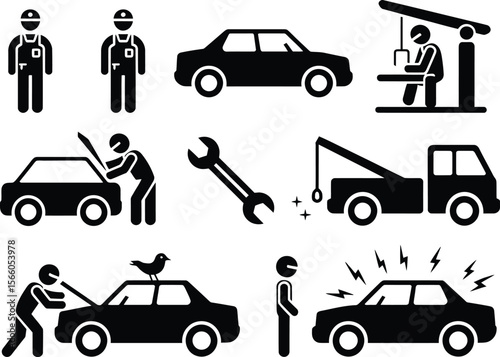 Collection of black and white icons depicting car repair and maintenance services