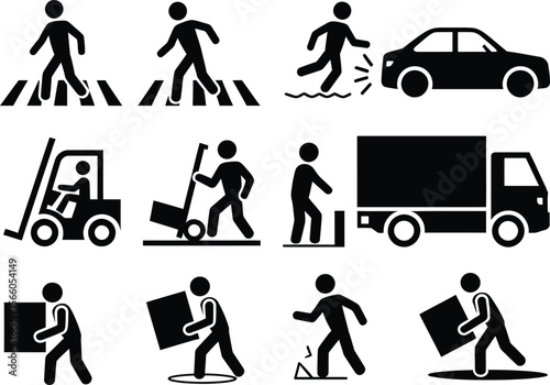 Collection of black pictograms showing people performing various activities and tasks