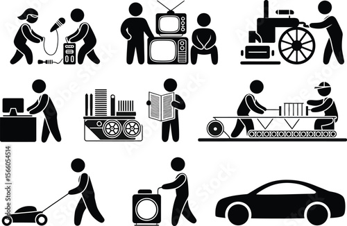 Collection of stick figure icons representing various activities and objects in black and white
