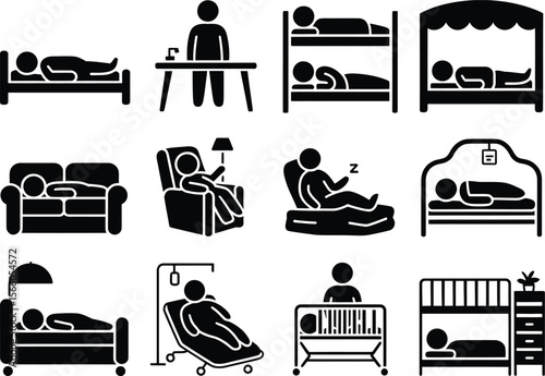Collection of stylized icons depicting people resting in various sleeping and seating arrangements