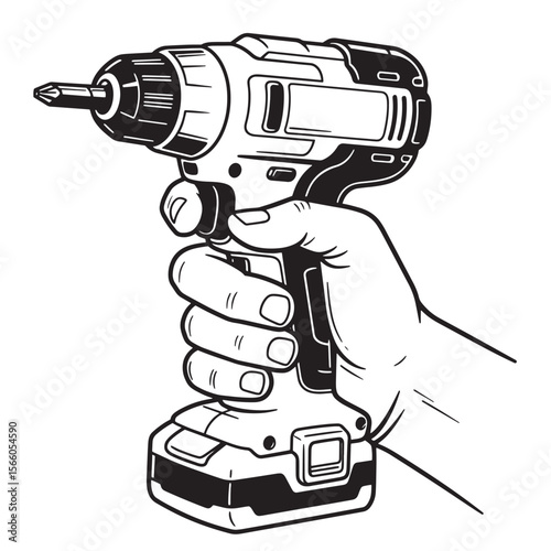 Hand holding a cordless drill in a black and white line art illustration
