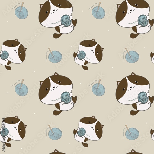 Seamless pattern of cat and yarn balls cartoon on soft latte brown color background. Can print it on fabric, stationery, gift paper, wall art cover, bed cover, etc. 