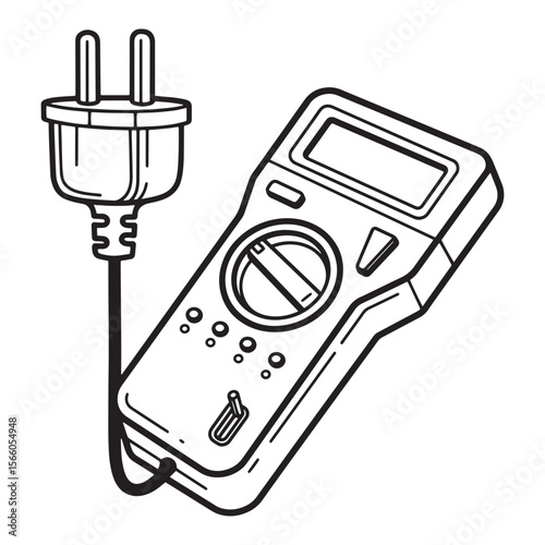 Illustrated black and white digital multimeter with connected electrical plug vector graphic