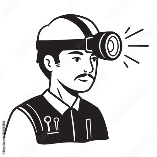 Illustrated black and white miner or construction worker wearing a headlamp for safety