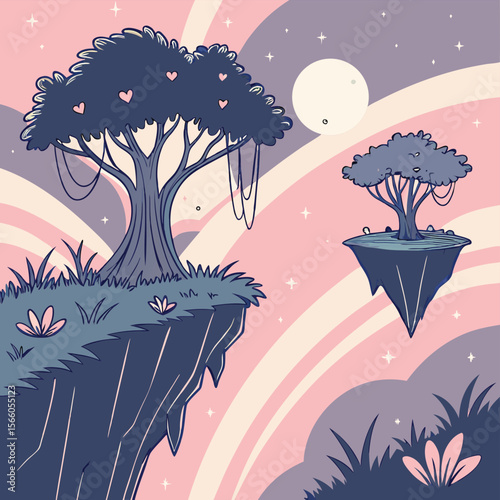 Illustration of two trees on floating islands with heart details under a moonlit sky landscape