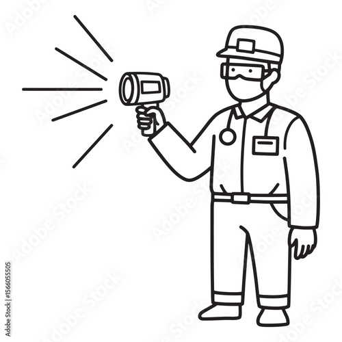 Medical worker using a thermometer to measure temperature illustrated in minimalist black line art