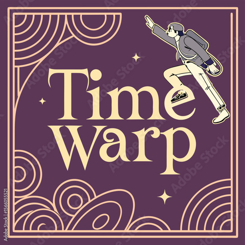 Illustration of a man leaping with time warp text and decorative geometric elements in a frame design