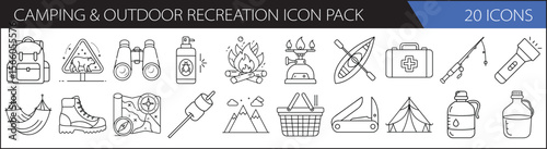 Camping & Outdoor Adventure Icon Pack – 20 Recreational Line Icons