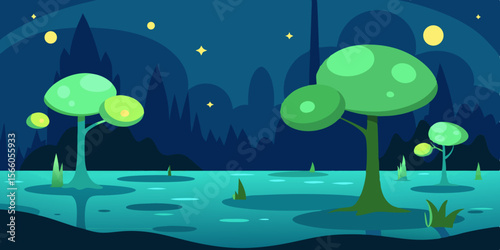 Cartoon Swamp Trees With Glowing Moss And Bubbles
