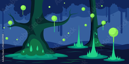 Cartoon Swamp Trees With Glowing Moss And Bubbles