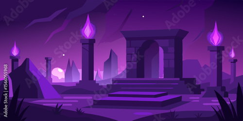 Enchanted Ruins Humming With Purple Light At Night