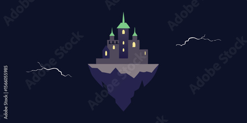 Floating Castle In The Dark Sky With Lightning Cra