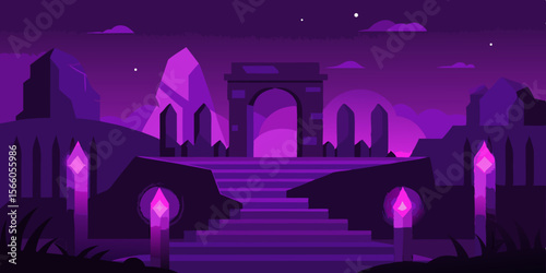 Enchanted Ruins Humming With Purple Light At Night