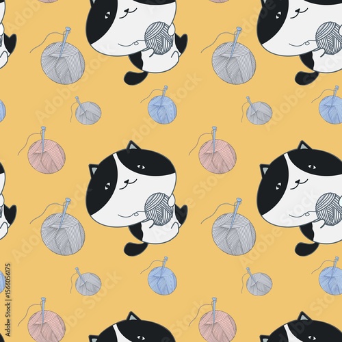 Seamless pattern of black and white cat cartoon playing with yarn balls on pastel orange color background. Can print it on fabric, stationery, gift paper, wall art cover, bed cover, etc. 