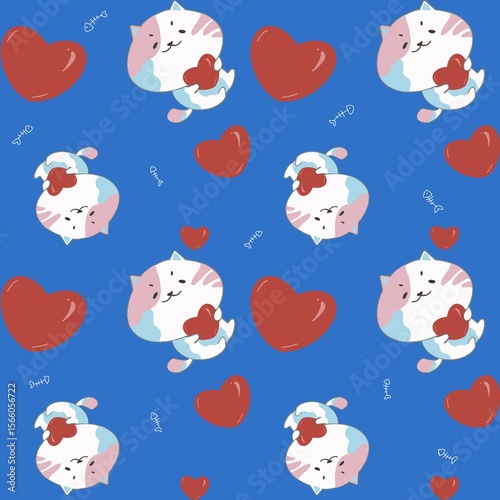 Seamless pattern of cute cat cartoon with heart on rich blue color background. Can print it on fabric, stationery, gift paper, wall art cover, bed cover, etc. 