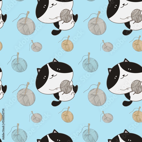 Seamless pattern of black and white cat cartoon playing with yarn balls on pastel blue color background. Can print it on fabric, stationery, gift paper, wall art cover, bed cover, etc. 