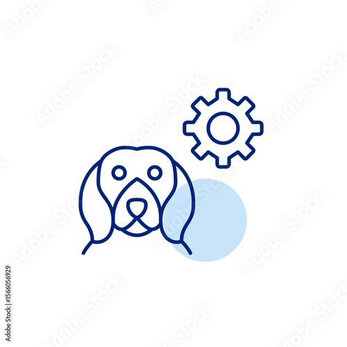 Dog and cogwheel. Pet care settings, animal health monitoring, smart pet device configuration, automated feeding control, pet activity tracking. Pixel perfect, editable stroke vector icon