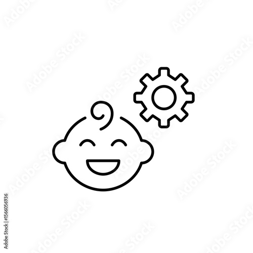 Smiling baby and cogwheel. Parental controls, child safety settings, baby monitoring configuration, age-restricted access, kid-friendly system setup. Pixel perfect, editable stroke vector icon