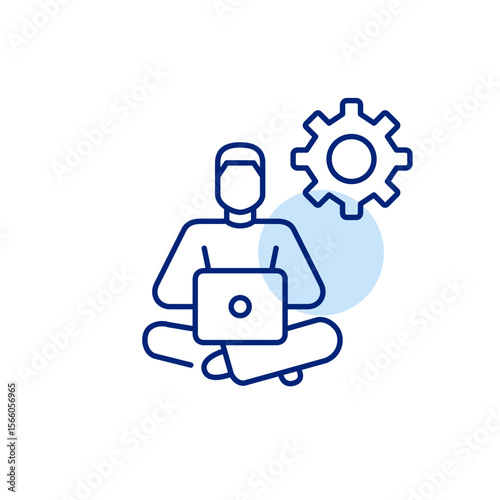 Man working remotely at laptop and cogwheel. Account management, workflow optimization, admin control panel, digital workspace settings, user interface customization Pixel perfect, editable stroke vec