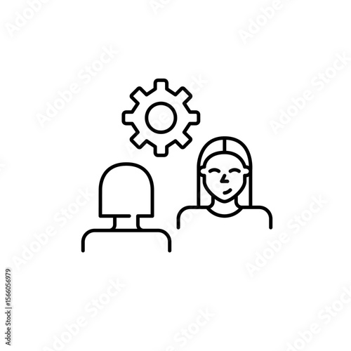Two women on interview or conversation and cogwheel. Collaborative settings, communication management, interview configuration, dialogue optimization, user interaction control. Pixel perfect, editable