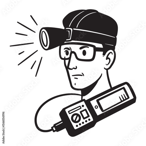 Technician inspecting equipment with headlamp and measuring device illustration in black and white