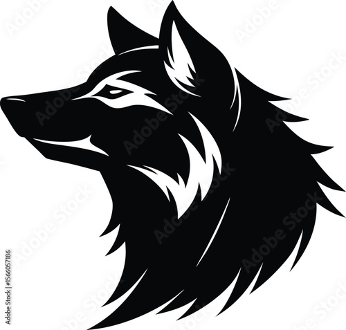 Minimalist wolf head with a single sharp line vector silhouette black, Black and white wolf howling at the moon illustration art design