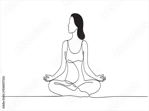 Minimalist continuous line drawing of a woman meditating in a lotus pose