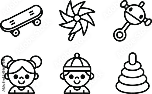 Children's Toys and Cute Kids Outline Icons Set.