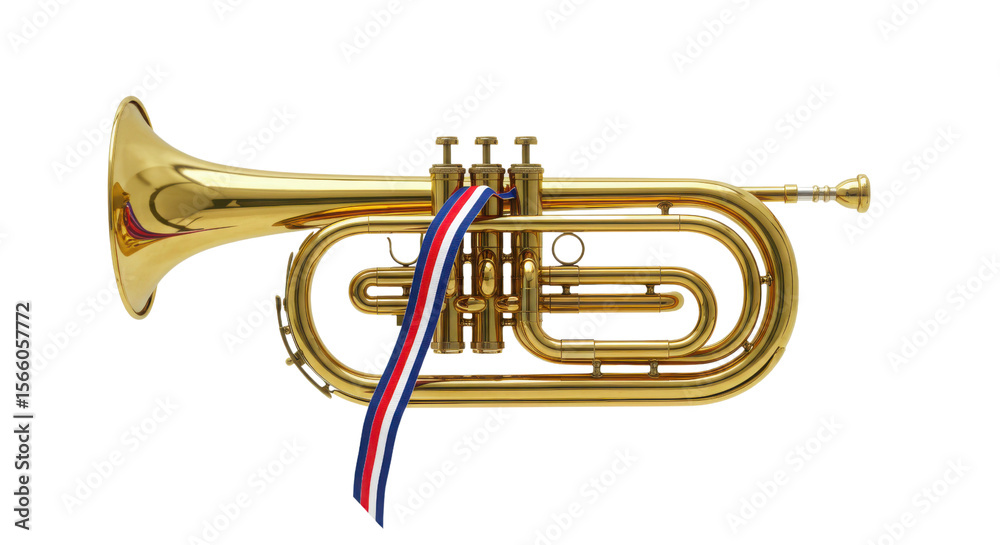 Obraz premium Gold brass bugle with red white blue ribbon isolated on white