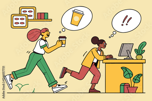 Woman bringing coffee to coworker at desk who looks stressed in an office environment illustration