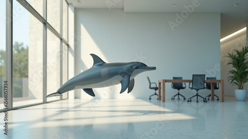 Surreal Dolphin Floating inside Bright Modern Office Interior

