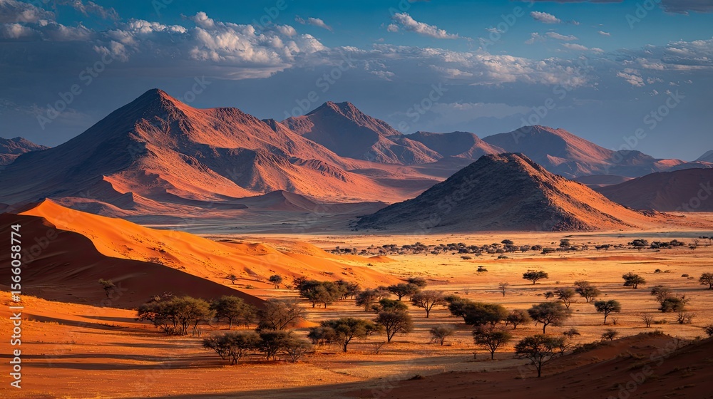 Fototapeta premium African Desert Landscape at Sunset with Orange Sand Dunes and Mountains