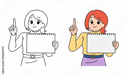 woman holding a white board coloring page for kids