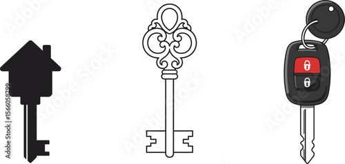 Unlocking security solutions: house key, antique key, and modern car key vector illustration set