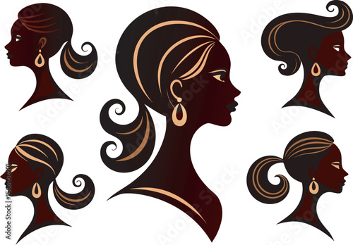Afro-American Female Head Profile Vector Illustration with Modern Hairstyles