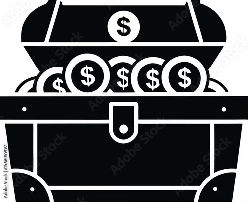 Wooden Treasure chest full of dollar coin black silhouette vector illustration