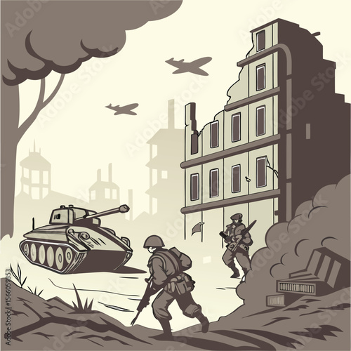Military scene depicting soldiers tank and planes amidst a war torn city landscape in muted colors