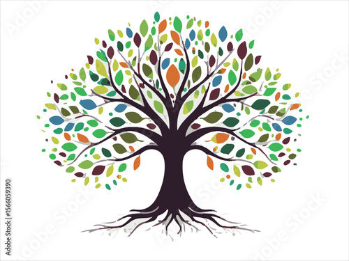 Stylized tree with colorful leaves and visible roots on white background