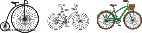 Different types of bicycles penny farthing city bike cruiser bike vector illustration set design