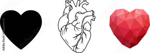 Three hearts illustration: black heart, anatomical heart, and polygonal red heart vector design