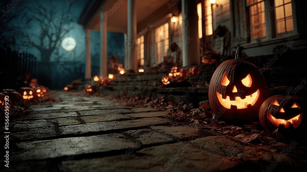 Fototapeta premium Halloween porch with jack-o'-lanterns