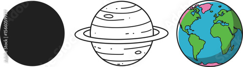 Cartoon planets illustration of earth saturn and a black planet for kids educational materials