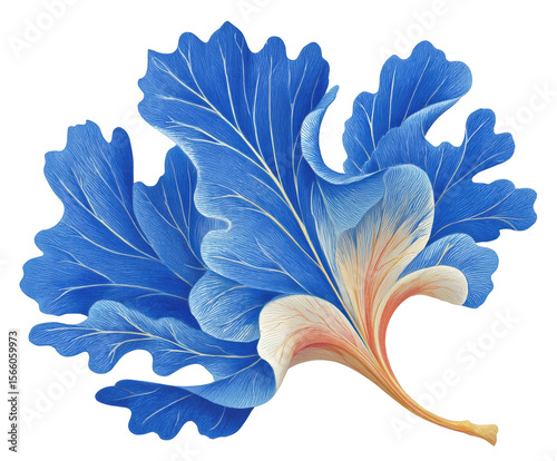Stylized blue coral-like shape with soft curves, golden accents, and subtle speckled texture, isolated on white background. Concept of underwater flora and artistic marine abstraction