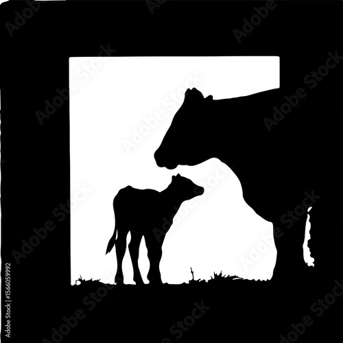 silhouette of a cow and it's calf in a frame