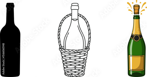 Wine bottle vector set: black silhouette, bottle in basket and champagne bottle with cork popping