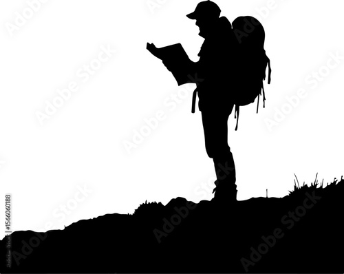 silhouette of a man with backpack and map