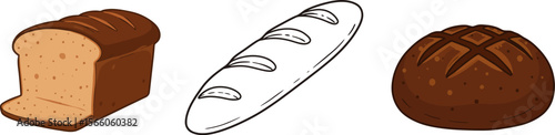 Various types of bread illustration loaf baguette rye sourdough bakery food carbs baked goods fresh 100