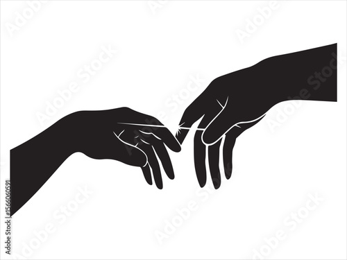 Two silhouetted hands reaching out to touch fingertips against a white background