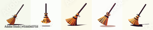 Cartoon Witch Broom Vector Pack | Halloween Flying Broomstick Clipart
